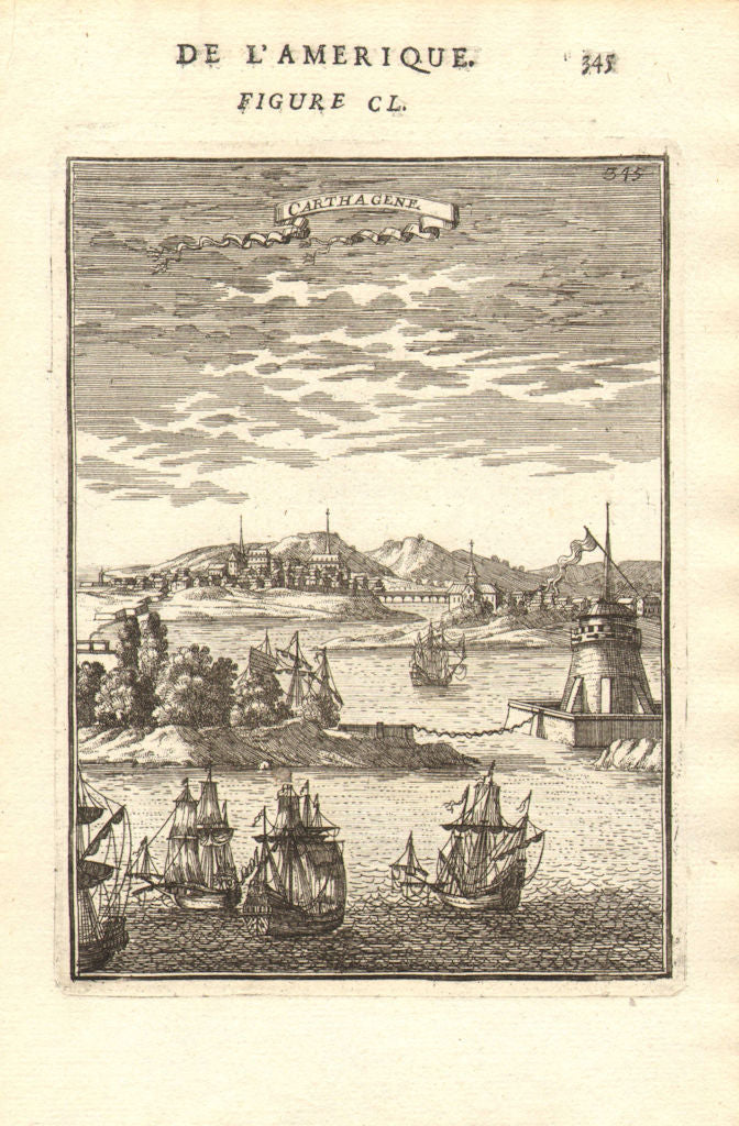 CARTAGENA. Decorative view of the city & port. Galleons. Colombia. MALLET 1683